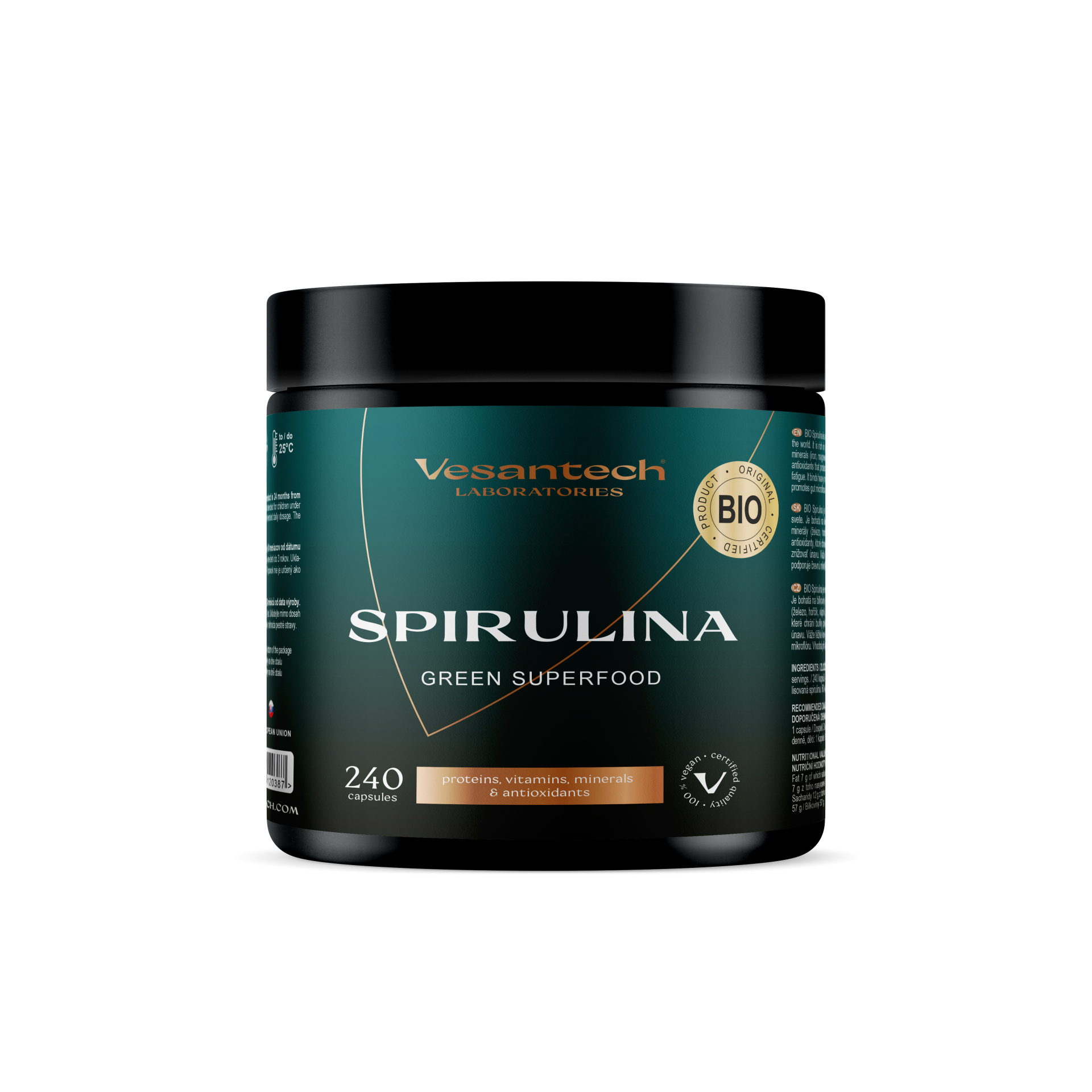 Vesantech BIO Spirulina – Prírodný zdroj energie, detoxikácie a vitalitySpirulina 240 kapsúl je výživový doplnok s obsahom čistej, sušen...